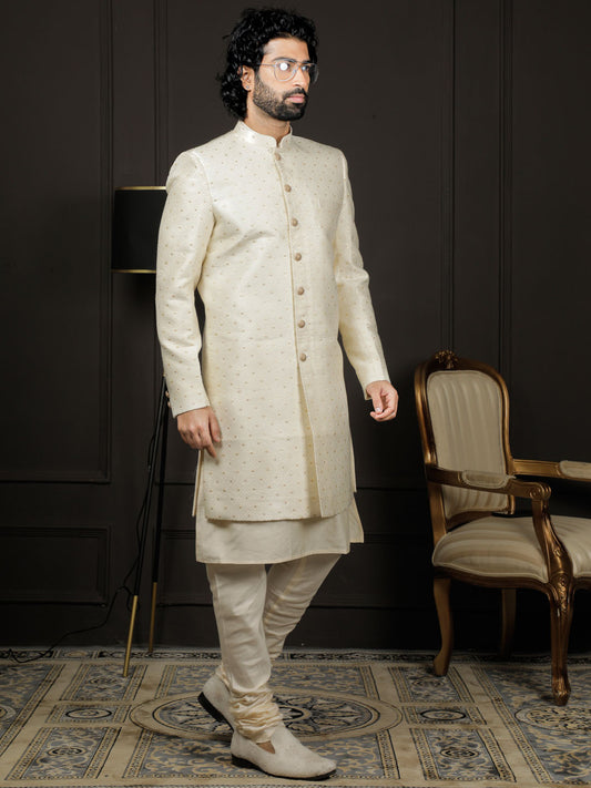 Men's Cream Viscose Sherwani Set