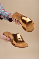 Shoetopia Embellished Cross Strap Copper Flats For Women