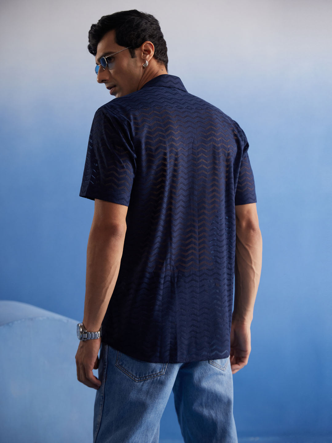 Men's Navy Blue Net Ethnic Shirt