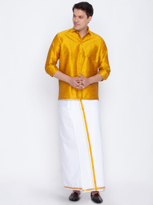 Men's Mustard and White Silk Blend Shirt And Mundu