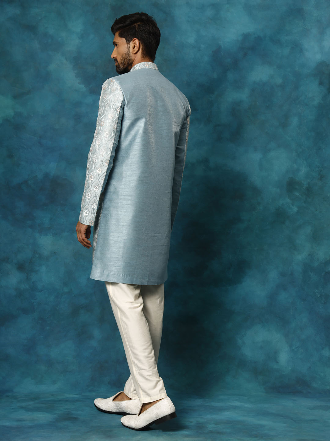 Men's Mint Green And Cream Silk Blend Sherwani Set