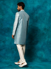 Men's Mint Green And Cream Silk Blend Sherwani Set