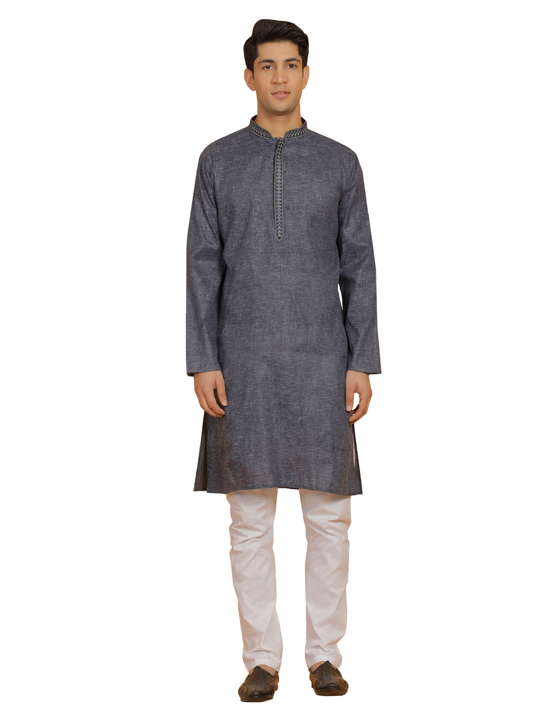 Men's Navy Blue And White Cotton Kurta Pyjama Set