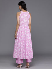 Women Lavender And White Floral Printed Anarkali Kurta Paired With Tonal Bottom