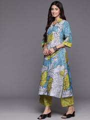 Kalini Women Blue And Green Abstract Printed Shirt Collar, Straight Kurta With Side And Front Slits Paired With Printed Bottom