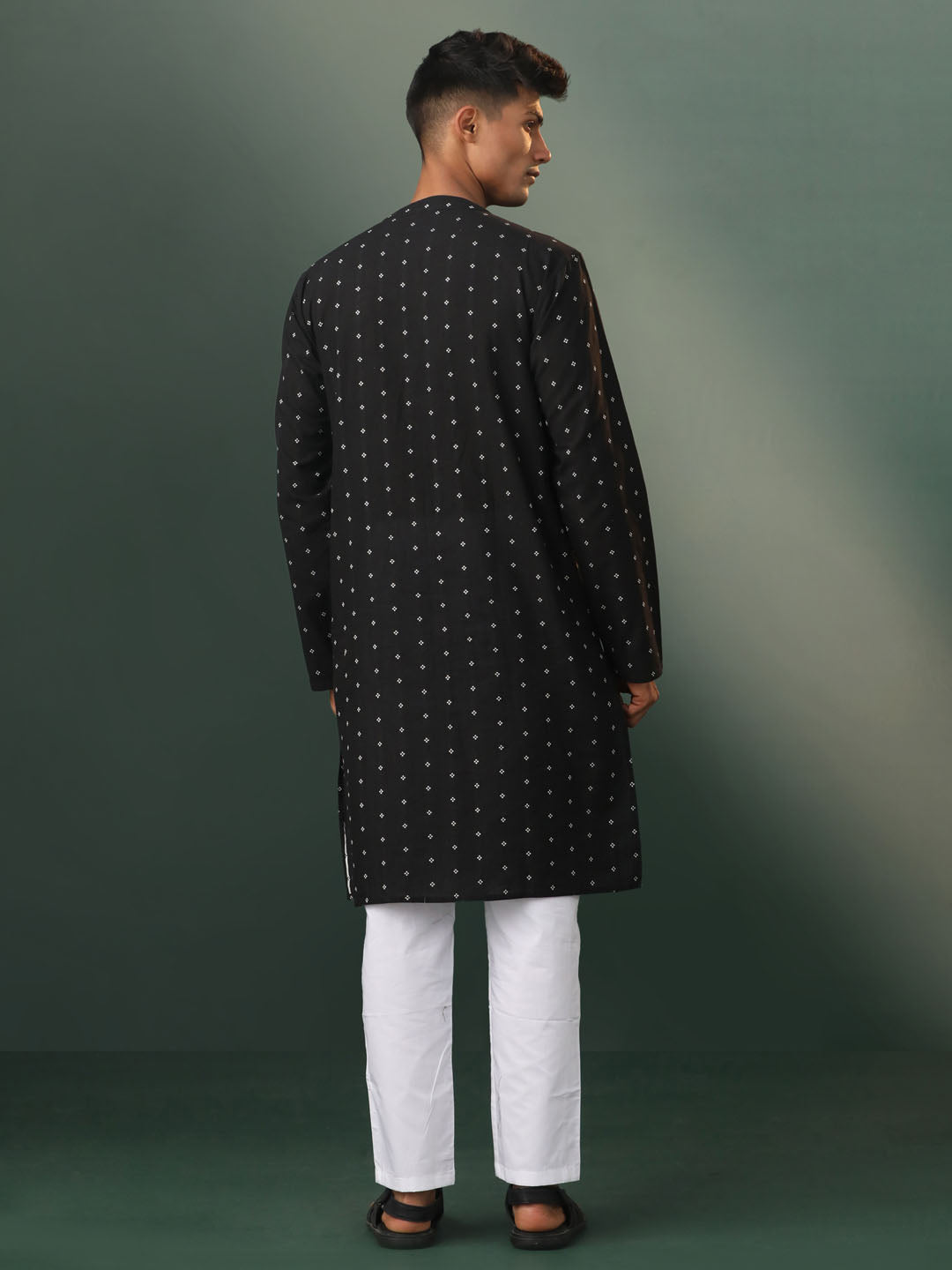 Men's Black And White Cotton Kurta Pyjama Set