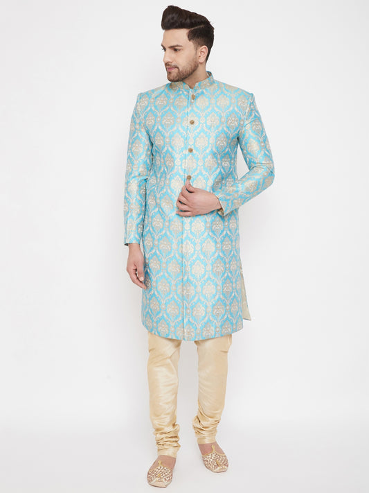 Men's Aqua And Gold Silk Blend Sherwani Set