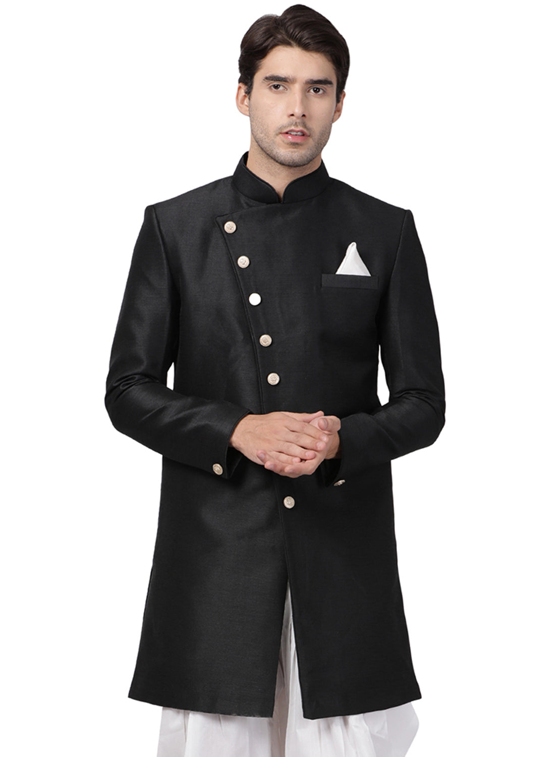 Men's Black Silk Blend Sherwani Only Top