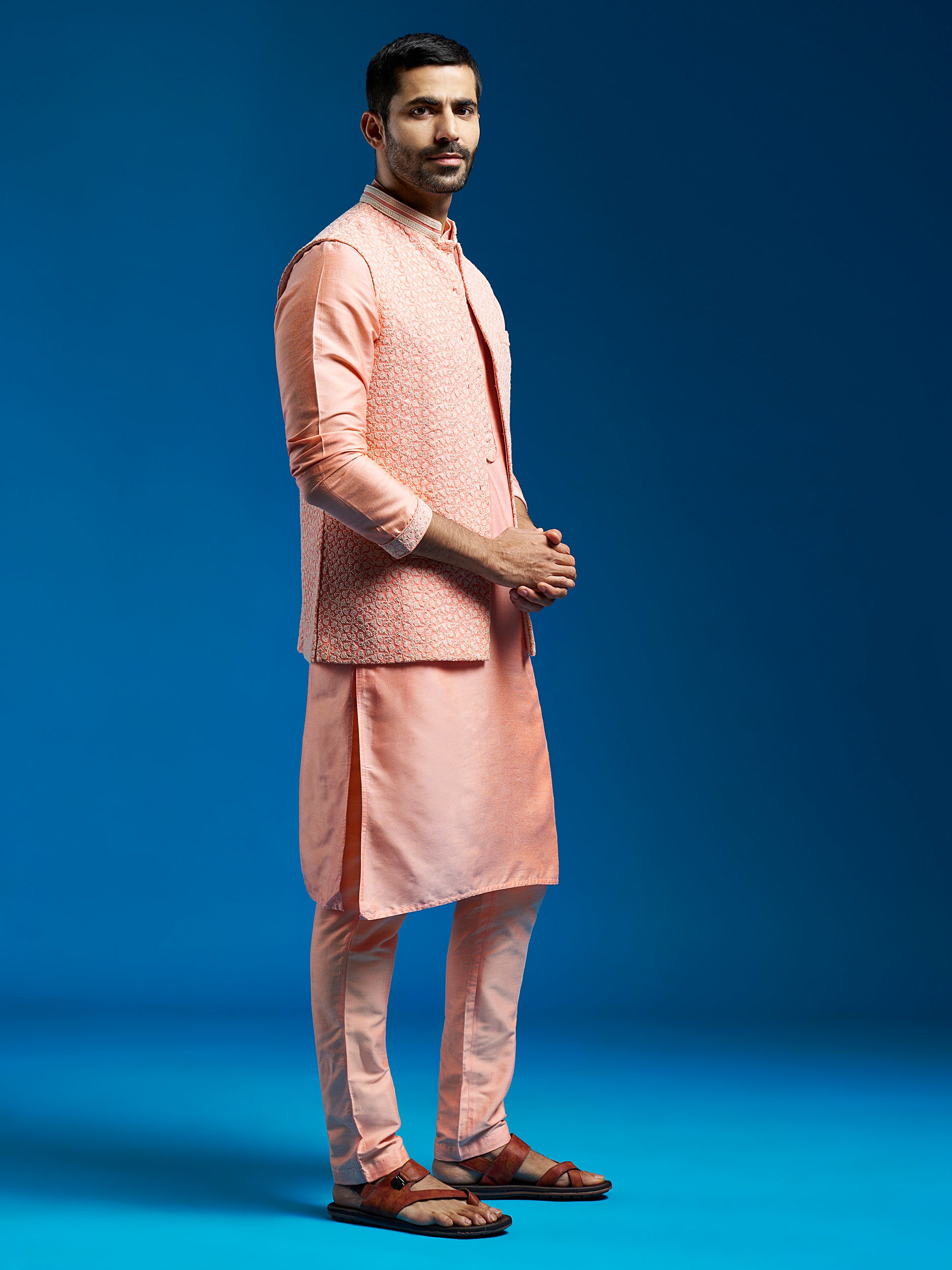 Men's Pink Viscose Jacket,Kurta And Pyjama Set.