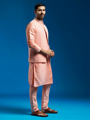 Men's Pink Viscose Jacket,Kurta And Pyjama Set.