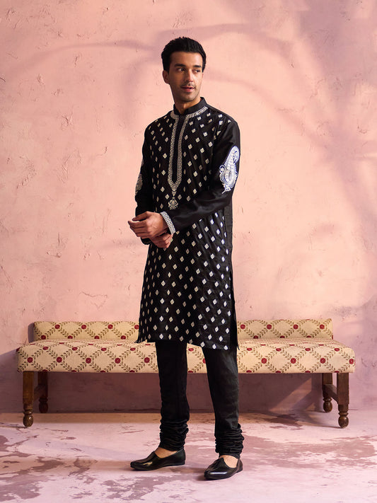 Men's Black Moonga Silk Kurta Pyjama Set