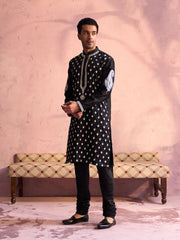 Men's Black Moonga Silk Kurta Pyjama Set