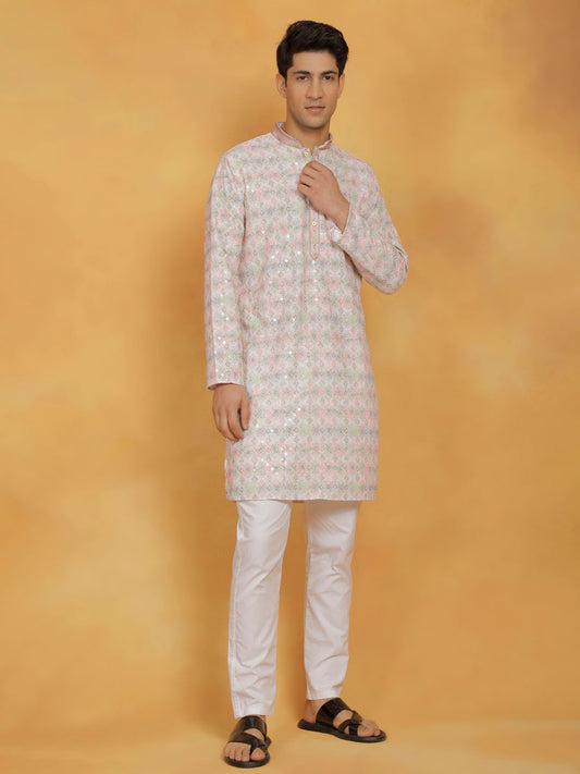 Men's Pink And White Cotton Blend Kurta And Pyjama Set