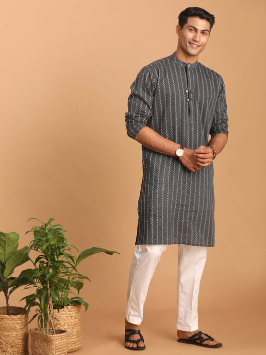 Men's Grey And White Cotton Kurta Pyjama Set