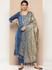 Women Embroidered Yoke Straight Kurta Paired With Tonal Bottom And Printed Bhagalpuri Dupatta