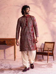 Men's Maroon And Cream Georgette Kurta and Patiala Set