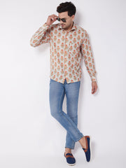 Men's Multicolor-Base-Beige Muslin Ethnic Shirt