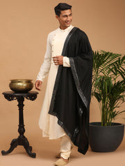 Men's Cream Viscose Blend Kurta Pyjama Set With Dupatta