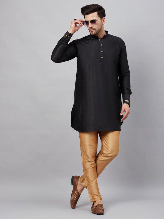 Men's Black And Rose Gold Cotton Blend Kurta Pyjama Set