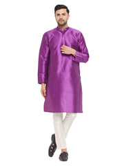 Men's Purple And Cream Silk Blend Kurta Pyjama Set