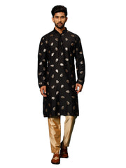 Men's Black And Rose Gold Cotton Blend Kurta Pyjama Set