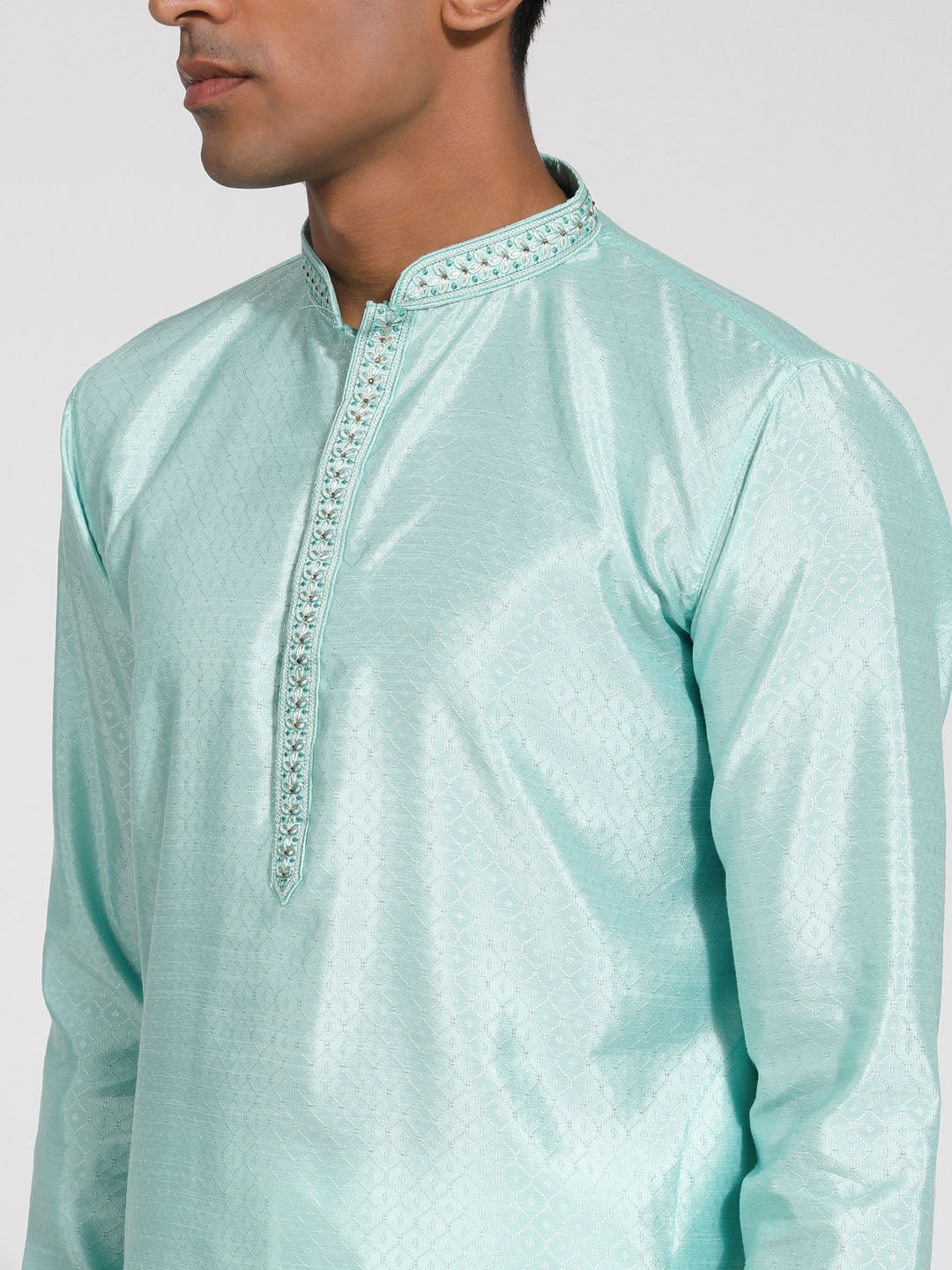 Men's Mint Green And Cream Silk Blend Kurta Pyjama Set