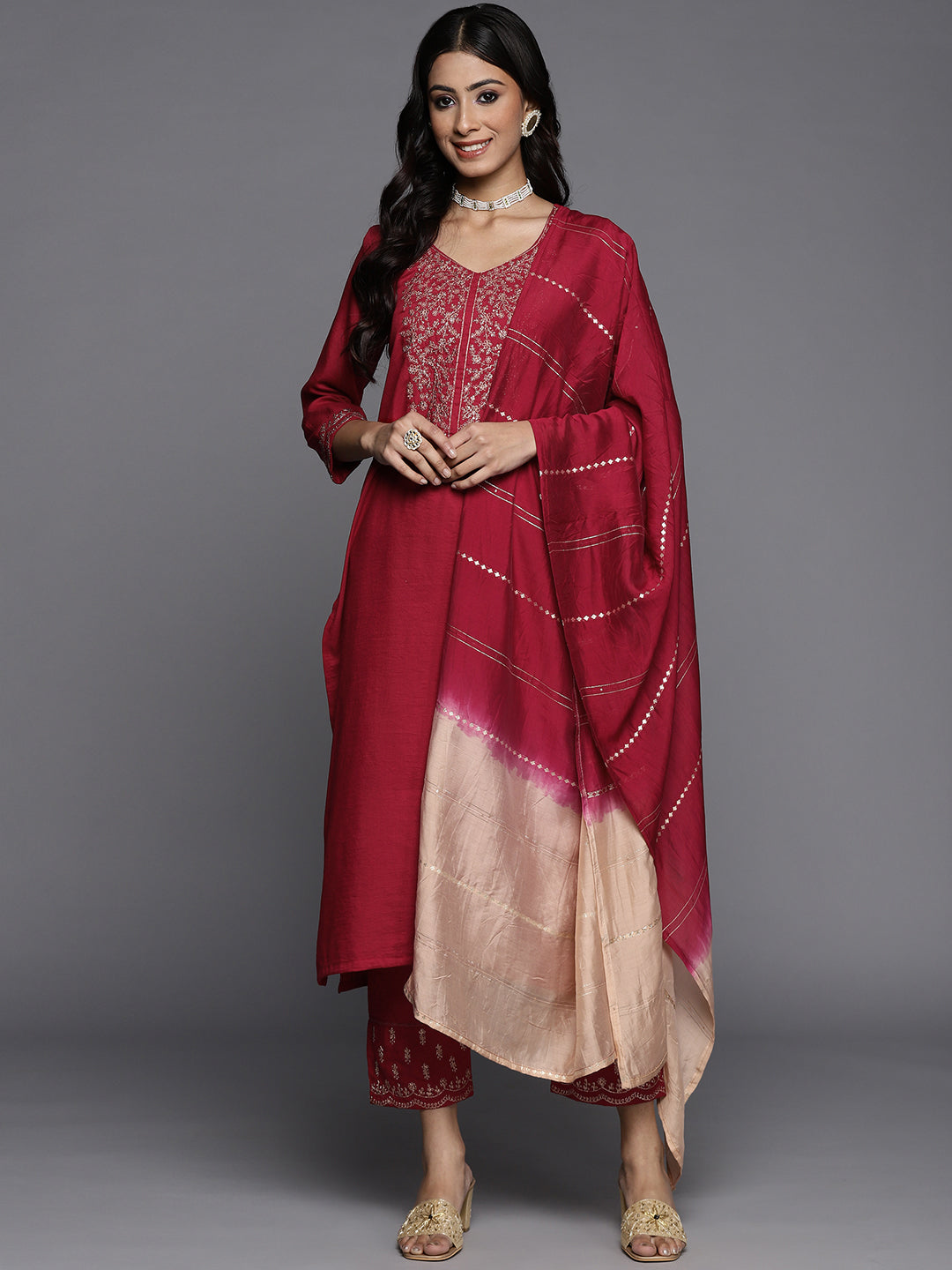 Kalini Womens Embroidered Kurta Paired With Embroidered Trouser And Ombre Dupatta