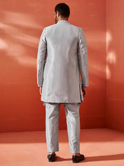 Men's Silver Silk Blend Sherwani Set