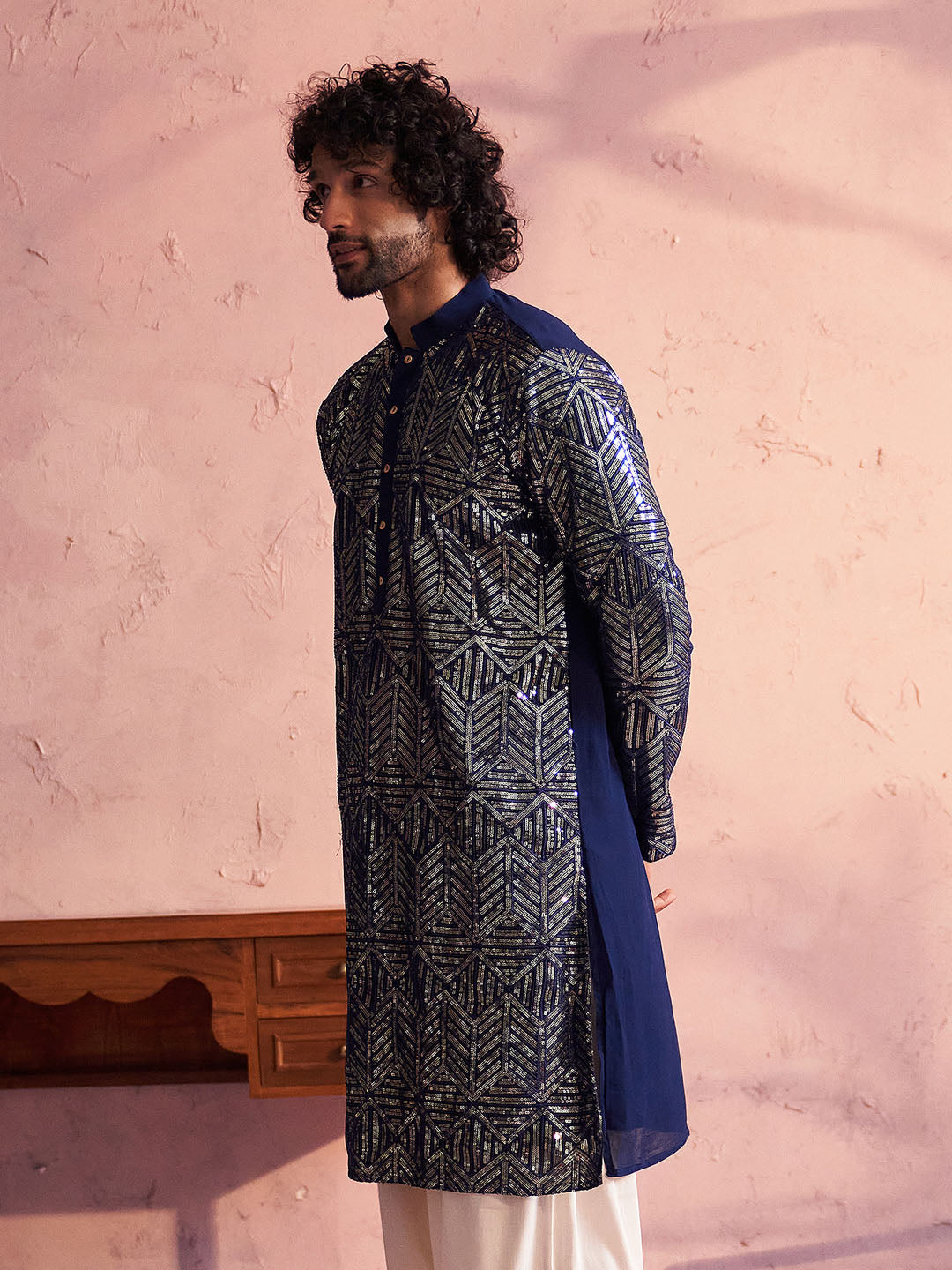 Men's Navy Blue Georgette Kurta