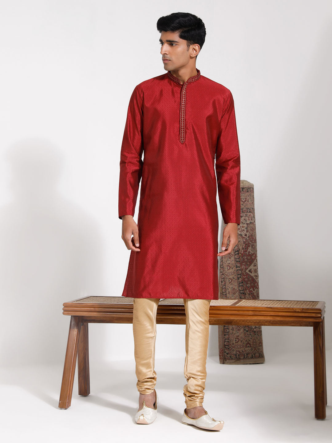 Men's Maroon And Cream Silk Blend Kurta Pyjama Set