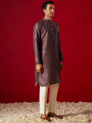 Men's Wine Cotton Silk Jacket, Kurta and Pyjama Set