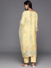 Women Yellow Abstract Printed Round Neck Straight Kurta Paired With Tonal Bottom And   Organza Embroiderd Dupatta