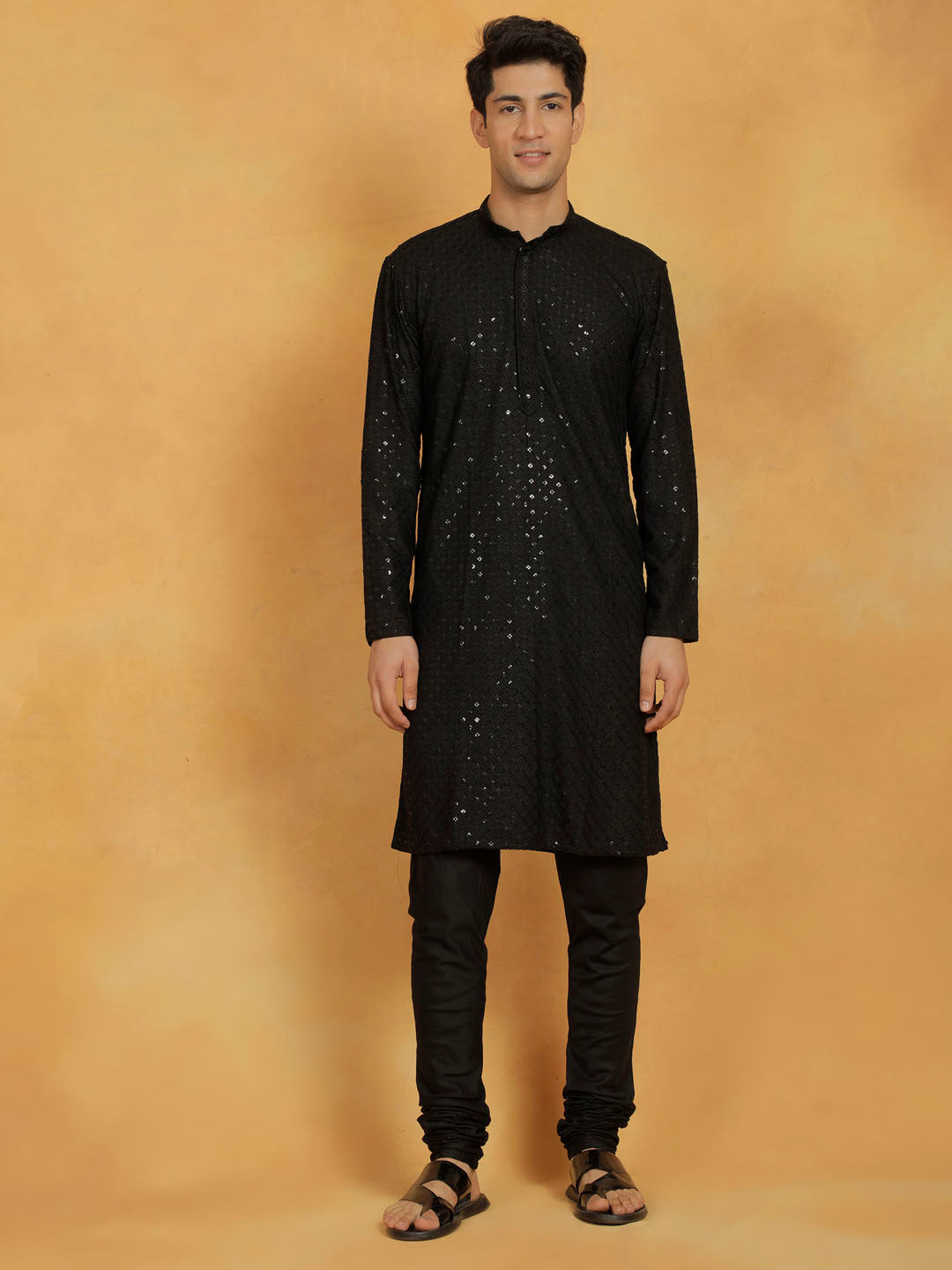 Men's Black Cotton Blend Kurta And Pyjama Set