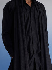 Men's Black Net Kurta, Pyjama & Dupatta Set