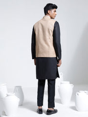 Men's Beige And Black Cotton Silk Jacket, Kurta and Pyjama Set