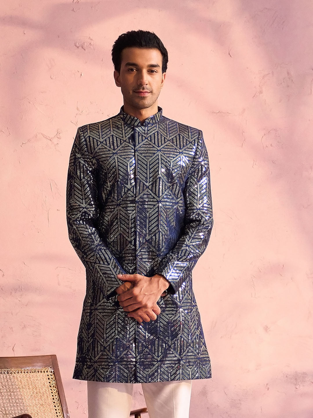 Men's Navy Blue Georgette Sherwani Only Top