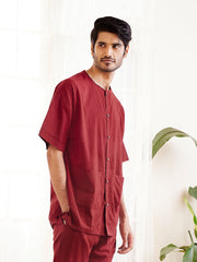 Men's Maroon Cotton Short Kurta