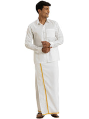 Men's White Cotton Ethnic Shirt And Mundu