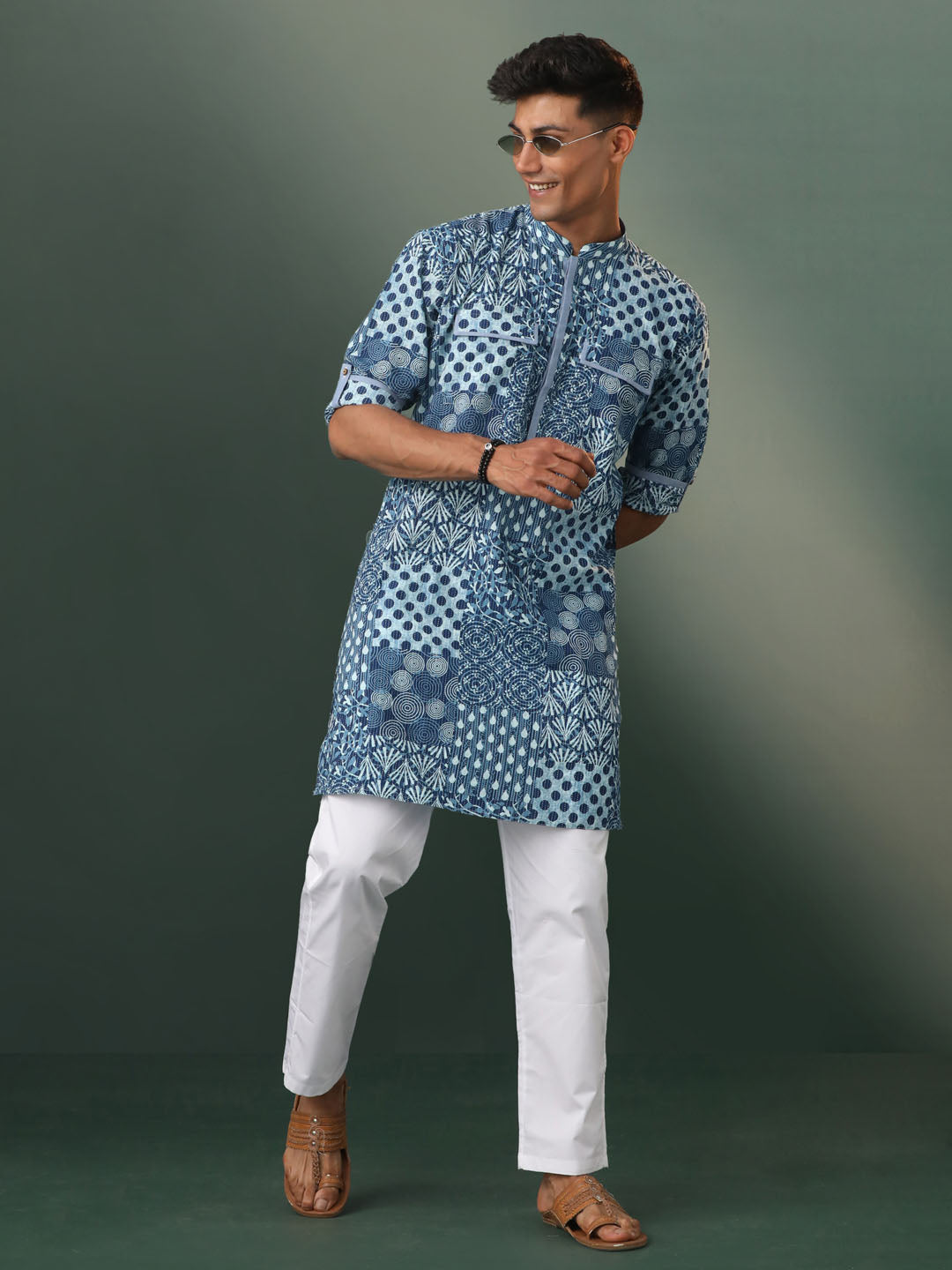 Men's Blue And White Cotton Kurta Pyjama Set