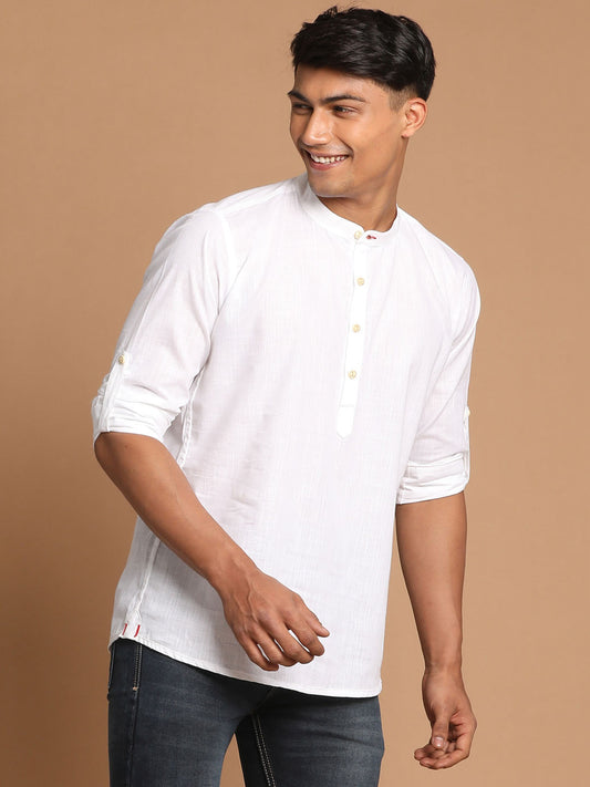 Men's White Cotton Blend Short Kurta