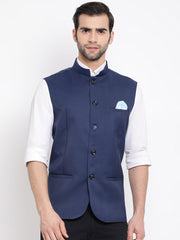 Men's Navy Blue Cotton Silk Nehru Jacket