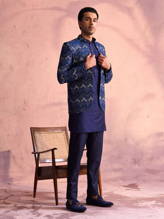 Men's Blue Viscose Jacket, Kurta and Pyjama Set