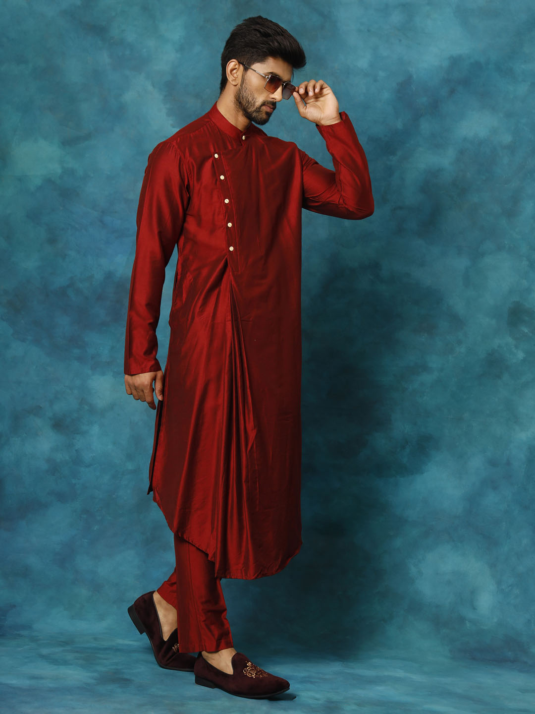 Men's Maroon Viscose Blend Kurta