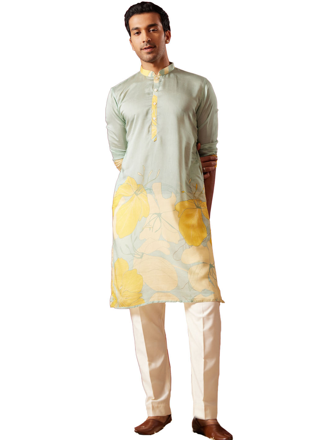 Men's Multi Color Base Yellow Cotton blend Kurta Pyjama Set