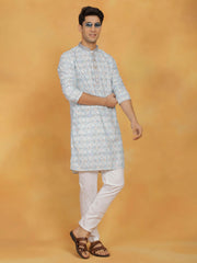 Men's Aqua And White Cotton Blend Kurta And Pyjama Set