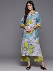 Kalini Women Blue And Green Abstract Printed Shirt Collar, Straight Kurta With Side And Front Slits Paired With Printed Bottom