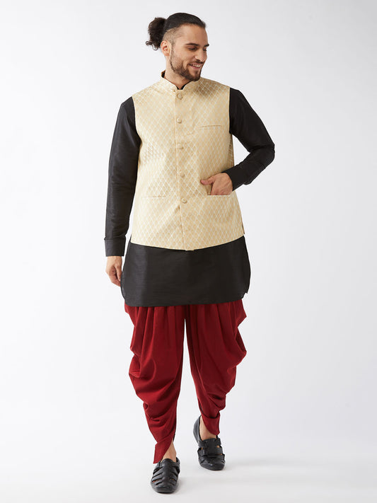 Men's Black, Cream And Maroon Silk Blend Jacket, Kurta and Dhoti Set