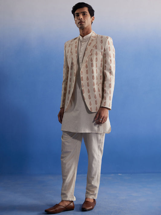 Men's Cream Cotton Jacket, Kurta and Pyjama Set