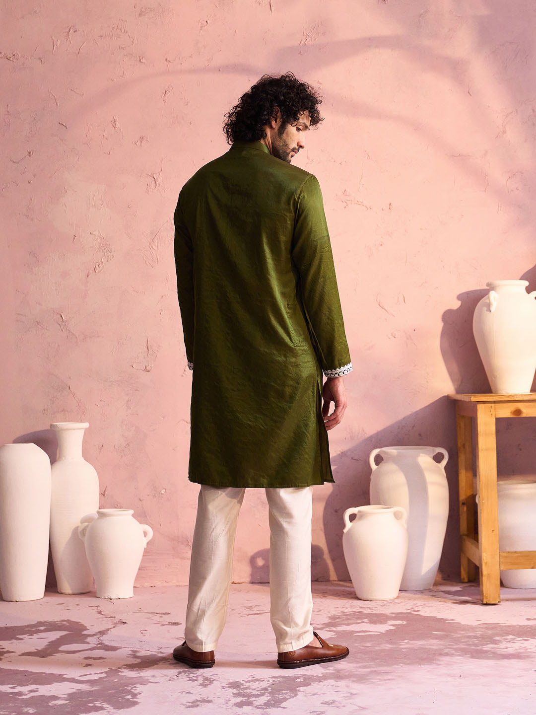 Men's Mehendi Green And Cream Moonga Silk Kurta Pyjama Set