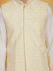 Men's White And Yellow Cotton Silk Jacket, Kurta and Pyjama Set